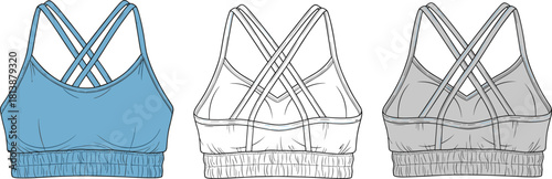 Vector sports bra illustration featuring front and back views with crisscross straps, detailed stitching, elastic band, fashion template, and activewear design.