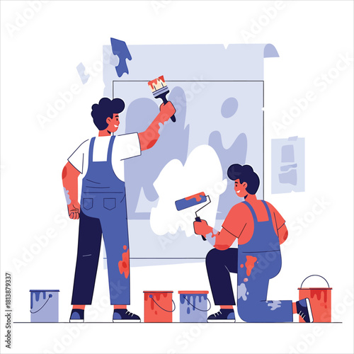 Two painters in blue overalls painting a large canvas, one with a brush, the other with a roller, surrounded by paint buckets and supplies
