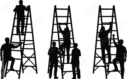 Silhouettes of men climbing tall ladders, representing teamwork, corporate success, career growth, ambition, and progress, isolated vector illustration on white background for business concepts.