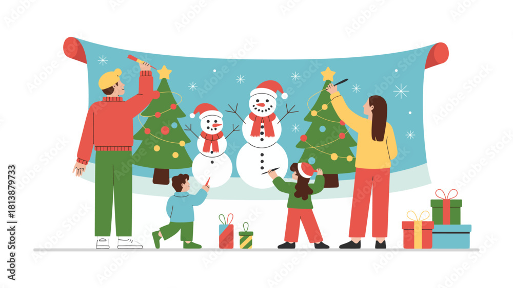 Fototapeta premium Festive Family Fun: A family is engaged in decorating and celebrating a joyous christmas, filled with warmth and the excitement of the holiday season. 