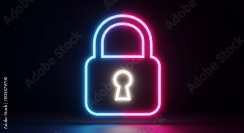 Glowing neon padlock icon with blue and pink light outline symbolizing digital security, privacy, and data protection in a dark environment