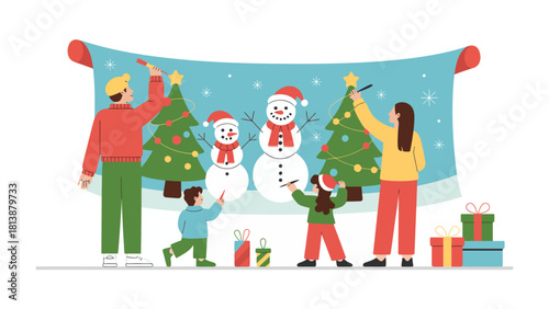 Festive Family Fun: A family is engaged in decorating and celebrating a joyous christmas, filled with warmth and the excitement of the holiday season. 