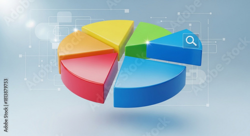 3d colorful pie chart representing business data analysis and market share with digital interface elements and search icon