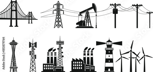 Vector set of black industrial infrastructure silhouettes including suspension bridge, electric power lines, oil pump, telecommunication towers, factory smokestacks,