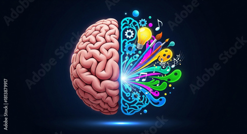 Conceptual illustration of the human brain split into two hemispheres representing logic and creativity in a vibrant digital art style