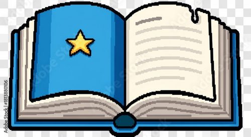 Cartoon illustration of an open blue book with a yellow star on the cover, representing knowledge, story, or magic, isolated on