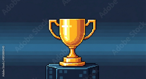 Pixel art golden trophy cup standing on a dark blue stone pedestal against a dark blue gradient background, representing victory and achievement in a retro video game style