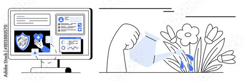 Desktop with health data, shield, and reports beside a hand watering blooming flowers. Ideal for healthcare, digital transformation, growth, wellness, nurturing innovation sustainability. Simple
