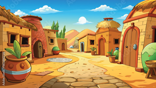 Clay huts and narrow sandy street in desert town vector illustration ai generated art