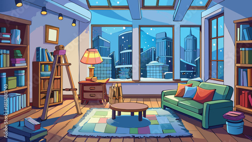 Charming cartoon bedroom with a comfy sofa near a huge window showing winter vector illustration ai generated art