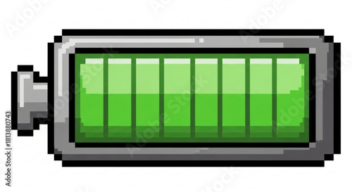 Pixel art illustration of a fully charged battery icon with green segments, isolated on