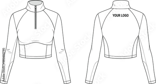 Women's activewear long sleeve crop top technical drawing, mock neck half zip fashion flat sketch, vector illustration template, front and back views, sportswear design.