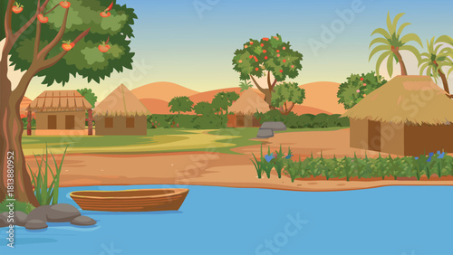 Deep Asian riverside village wrapped in warm sunset colors, towering tree leaning gracefully over the scene vector illustration ai generated art