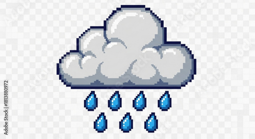 Pixel art illustration of a gray rain cloud with blue raindrops falling, a simple weather icon design isolated on