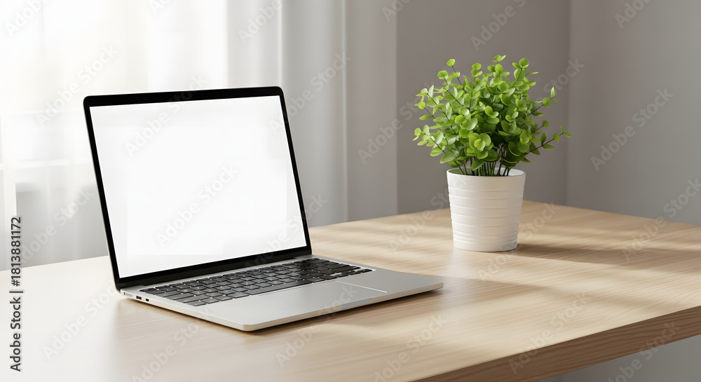 Fototapeta premium Digital Workspace: A modern laptop sits open on a minimalist desk, beside a potted plant, offering a glimpse of productivity and seamless integration of technology and nature. 