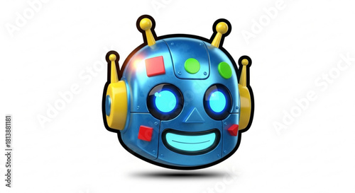 Shiny blue robot head icon with glowing eyes and yellow antenna, isolated on