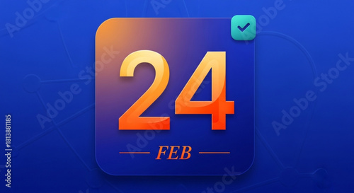 Vibrant digital calendar icon displaying the date february 24th with a checkmark, set against a deep blue gradient background for scheduling or planning concepts
