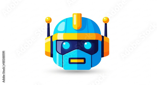 Bright blue and yellow futuristic robot head icon or avatar with glowing eyes, isolated on