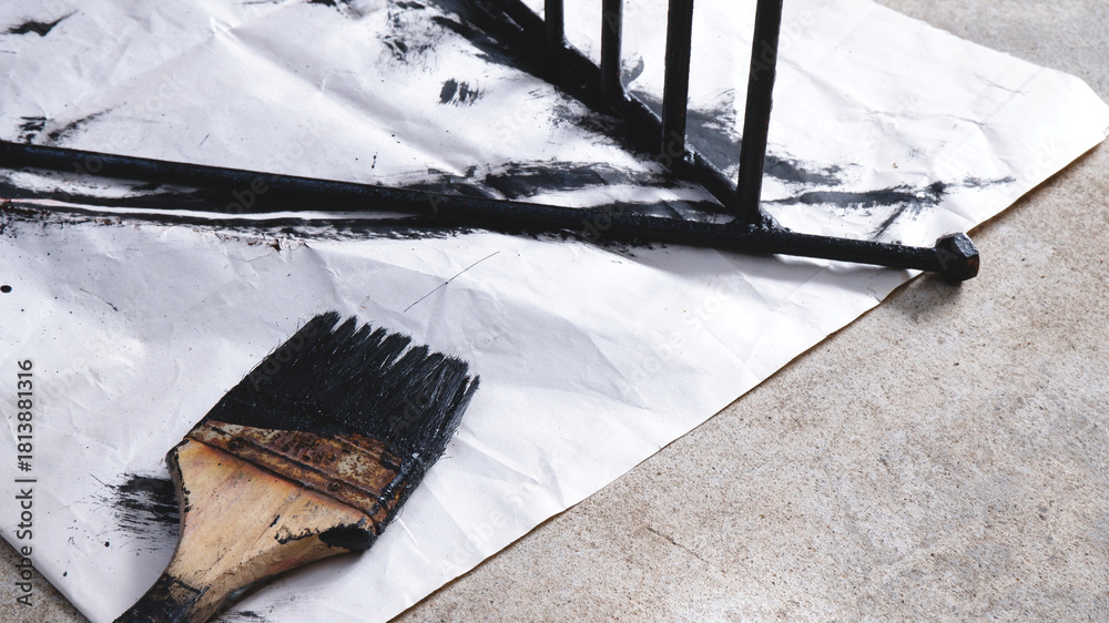 Φωτογραφία Dirty paint brush and black steel on white paper on the floor for painting