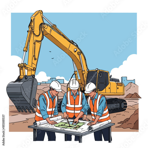 Skilled construction workers meticulously examine architectural blueprints at an active development site, showcasing teamwork and project management.