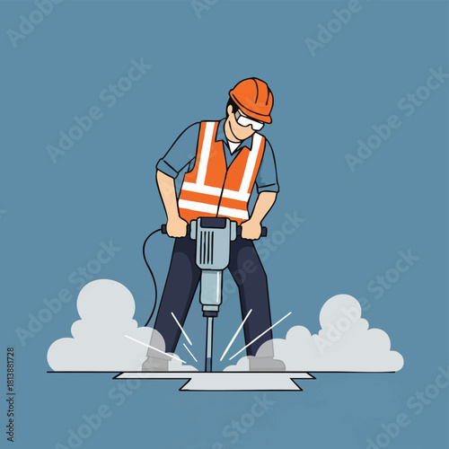 A focused construction worker in safety gear diligently operates a powerful jackhammer, breaking pavement for urban infrastructure, creating sparks and dust.