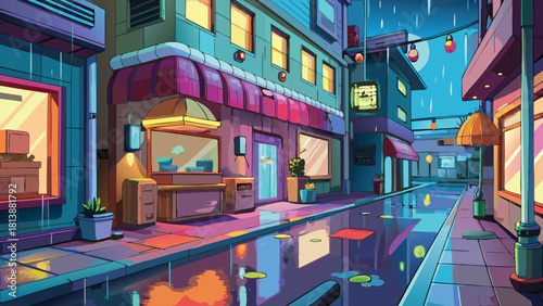 Cartoon urban alley glowing with colourful neon vector illustration ai generated art