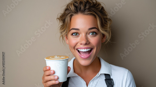 Playful Female Barista Grinning and Holding a Latte with Blank Foam


