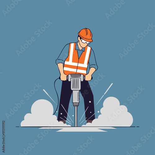 A construction worker operates a powerful jackhammer, breaking up concrete with dust and debris flying, showcasing hard labor and roadwork.