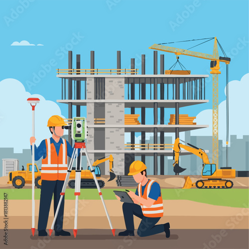 Two professional construction workers, a surveyor using a total station and an engineer with a tablet, collaborate on a bustling building site with heavy machinery.