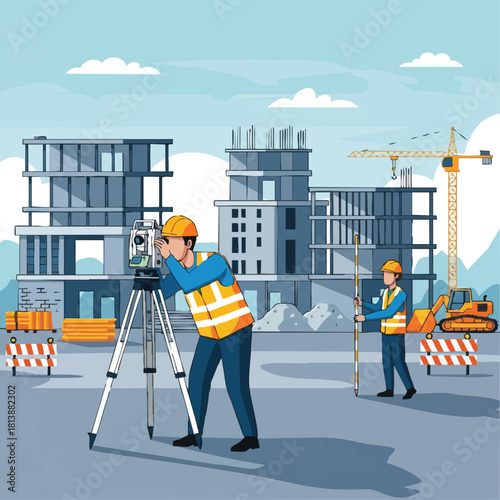 Professional civil engineers and surveyors meticulously work on a bustling urban construction site, utilizing advanced surveying equipment to ensure precise building development.