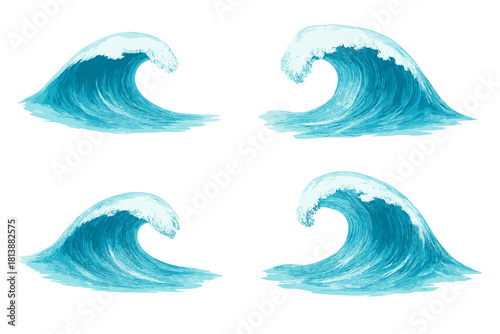 Four large stylized blue ocean waves breaking with white foam crests isolated on white