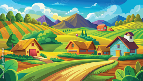 Warm sunset pouring golden light over a deep Asian village, colossal tree standing peacefully beside small houses vector illustration ai generated art