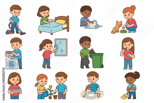 Diverse group of young children performing common household chores and daily tasks