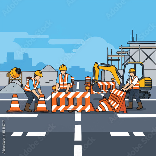 Construction workers in safety gear set up road barriers and cones, with excavator and building site behind, symbolizing urban development and road safety.