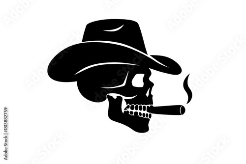 Monochrome silhouette of a human skull wearing a cowboy hat and smoking a cigar