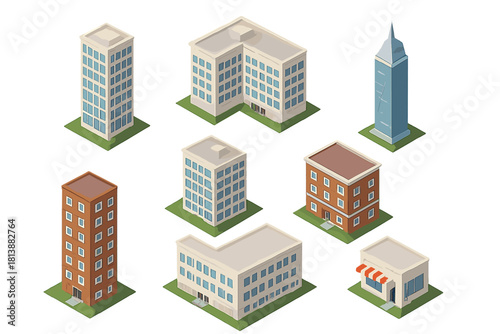 Diverse set of isometric architectural structures: modern skyscrapers, complexes, and shops