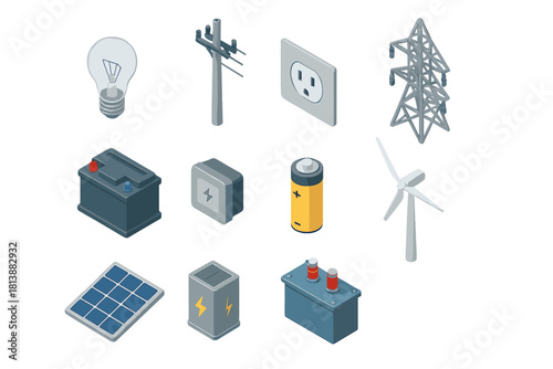 Isometric power and electricity elements including renewable energy sources and battery storage