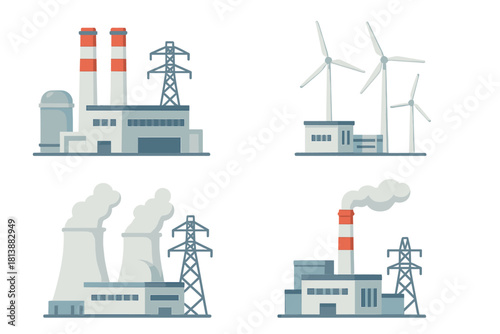 Different types of energy production facilities including fossil fuel, nuclear, and wind power