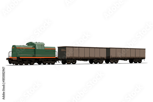 Vintage green diesel train engine pulling two long brown cargo wagons