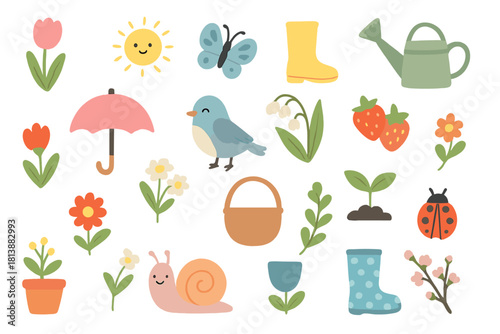 Cute spring and gardening elements set including flowers birds insects and tools