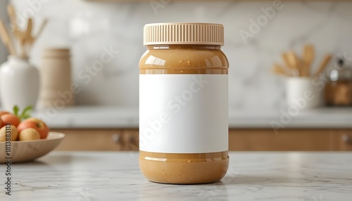 Creamy peanut butter jar with blank label ready for your brand, perfect for a healthy breakfast or snack, ideal for commercial product mockups