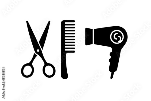 Essential tools for hairdressing including scissors, a comb, and a professional hairdryer