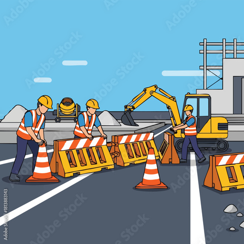 Construction workers in safety vests and hard hats are diligently placing road barriers and traffic cones, ensuring public safety.