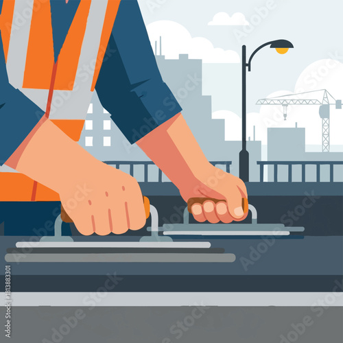 A diligent construction worker, wearing a bright orange safety vest, expertly smooths a dark road surface with two trowels in a modern urban cityscape.