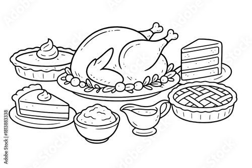 Traditional holiday dinner feast with roasted turkey, pies, cake, and side dishes