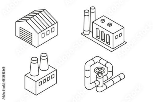Isometric set of industrial buildings, manufacturing plants, warehouse, and pipeline infrastructure