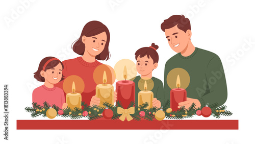 Family's Festive Glow: A loving family gathers around a table adorned with candles and festive decorations, celebrating a moment of joy and togetherness.