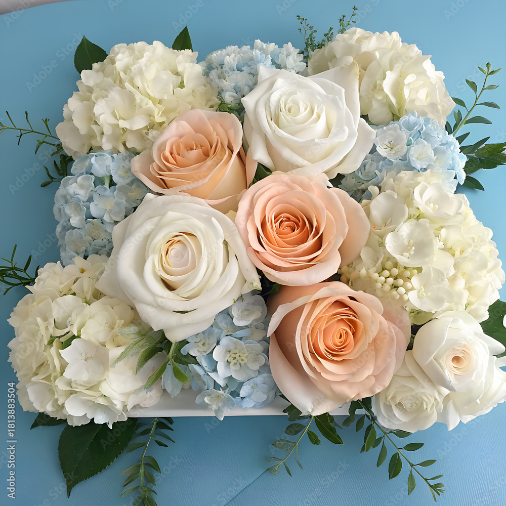Obraz premium This delicate floral arrangement embodies romance, elegance flower, Elegant Floral Arrangement of Roses and in Classic Shades of White and Peach, bouquet filled with pastel-colored roses, lilies. 