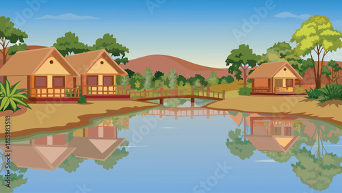 Deep Asian village square, towering tree creating a dramatic silhouette vector illustration ai generated art