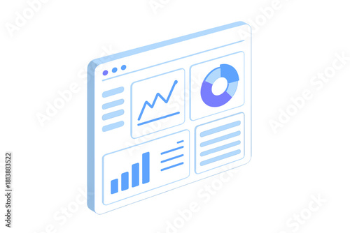 Isometric digital dashboard interface displaying business analytics charts and data graphs